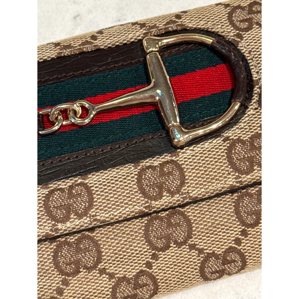 Gucci Beige Brown Monogram Wallet with Green and Red Web Stripe